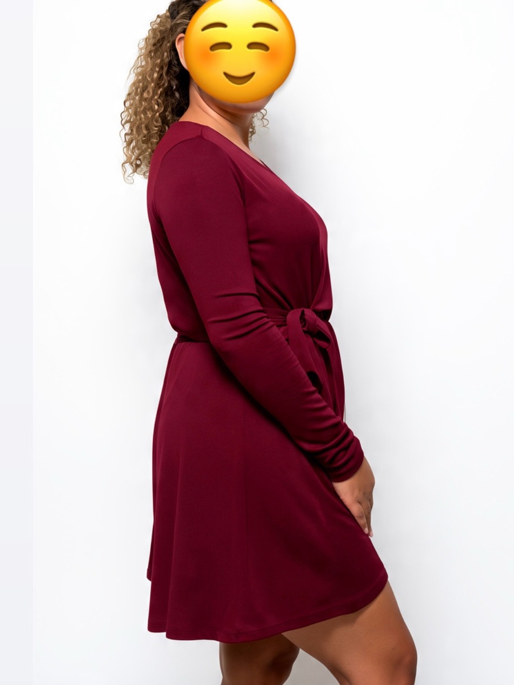 Wrap-Front Long Sleeve V-Neck Jumpsuit Romper in Burgundy - Picture 2 of 4